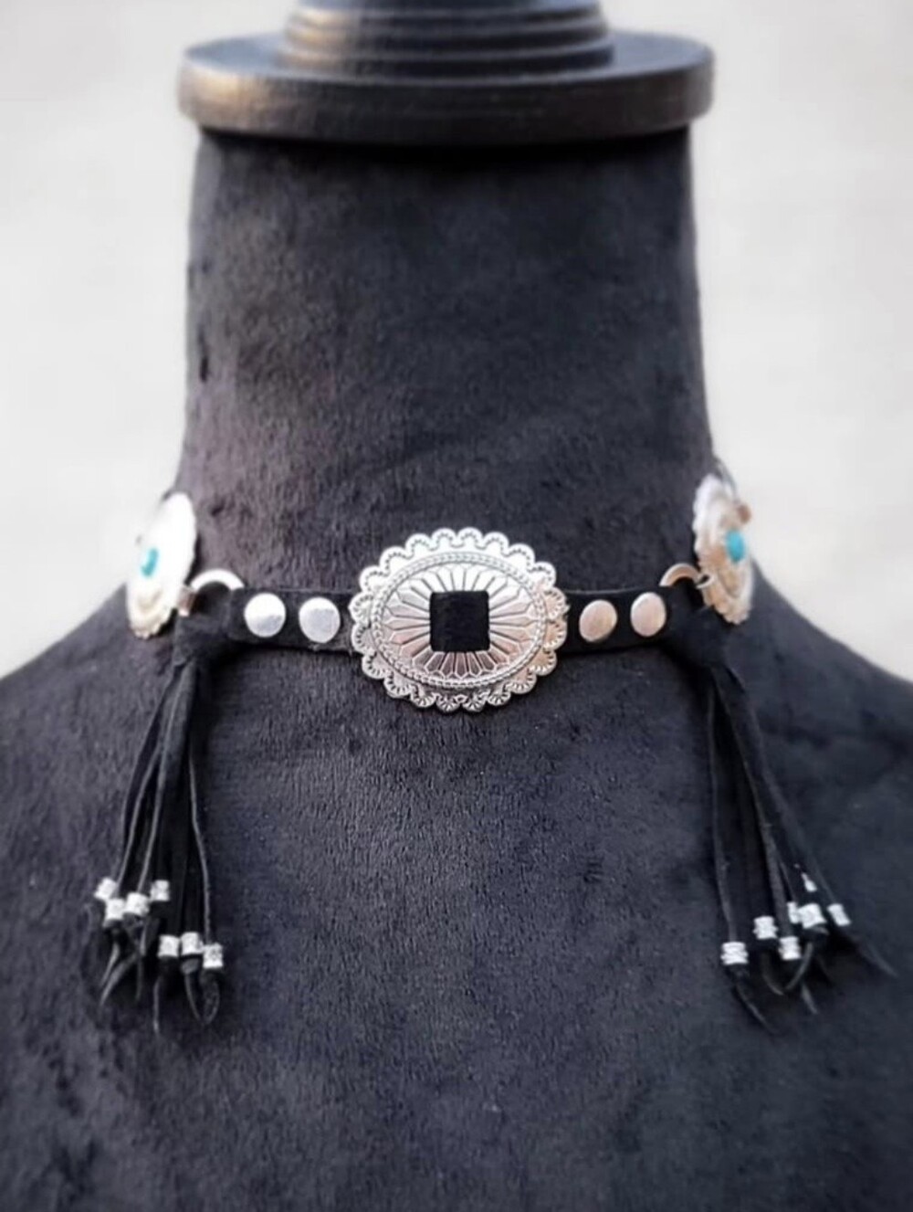 Handmade Black Leather Turquoise Accent Concho Choker
